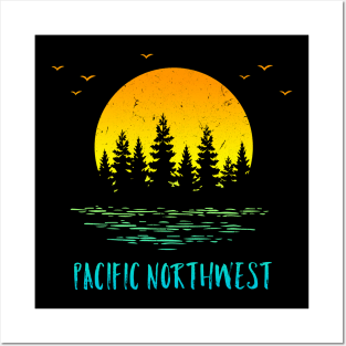 Pacific NW Northwest Sunset Trees Water Birds Posters and Art